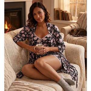 Rene Rofe 3-Piece Sleepwear Set lace trimmed Floral Cozy Lounge Set M black pink